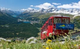 Switzerland. get natural. Muottas Muragl (2453 m), easily reached by funicular from Punt Muragl. Classic view of St. Moritz and the Upper Engadin lakes, Graubuenden. 

Schweiz. ganz natuerlich. Muottas Muragl (2453 m), erreichbar mit der Standseilbahn von Punt Muragl. Blick auf St. Moritz und die oberengadiner Seen, Graubuenden. 

Suisse. tout naturellement. Muottas Muragl (2453 m), desservi par le funiculaire depuis Punt Muragl. Perspective de St-Moritz et des lacs de la Haute-Engadine, les Grisons. 

Copyright by: Switzerland Tourism  By-Line: swiss-image.ch / Christof Sonderegger