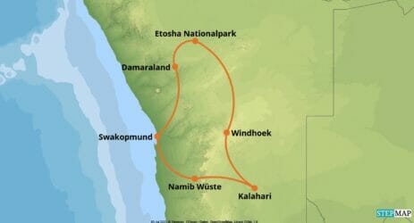 Reiseverlaufskarte Gondwana Reise Namibia