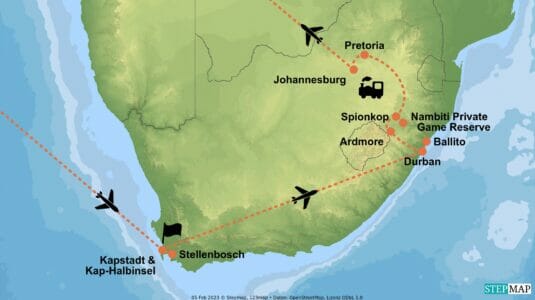StepMap-Karte-Suedafrika-Luxuszug-Rovos-Rail-Kapstadt-Durban-inkl-Flug (2)
